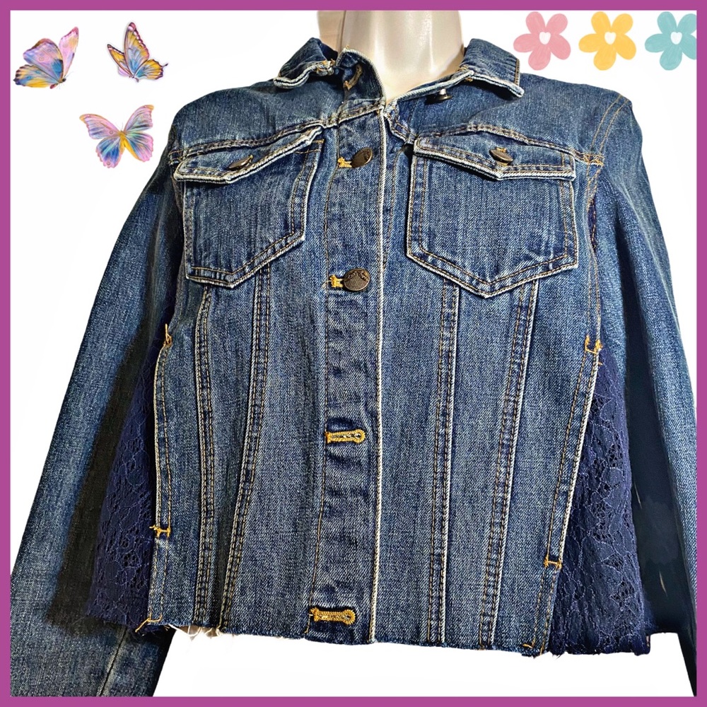 FREE PEOPLE DENIM JACKET W BLUE LACE INSET PANELS - Picture 4 of 12